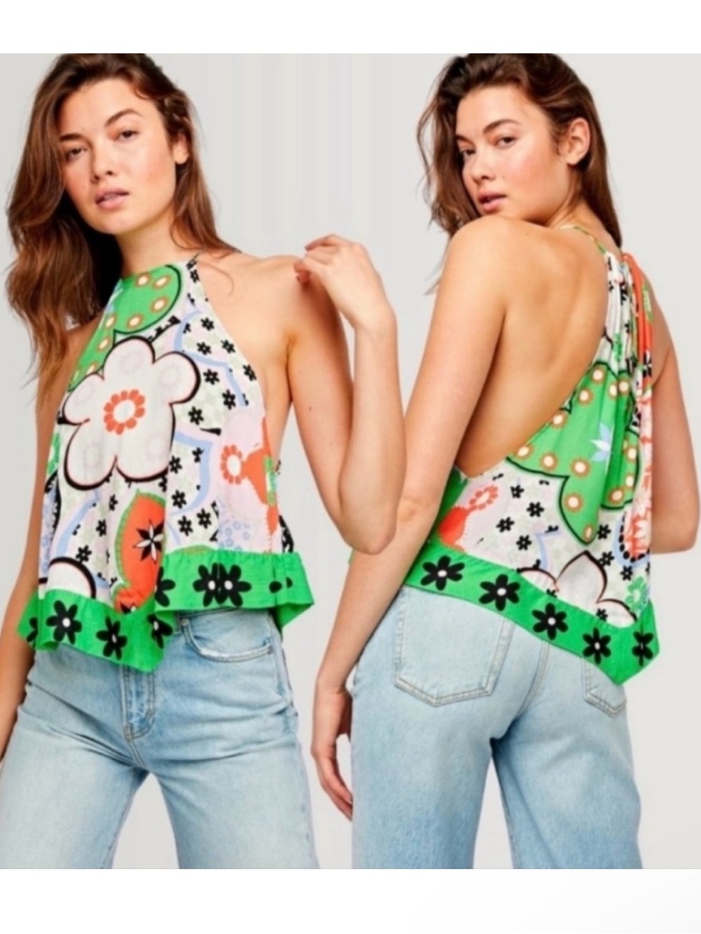 Free People I Dare You Halter Green Orange Floral Tank Medium